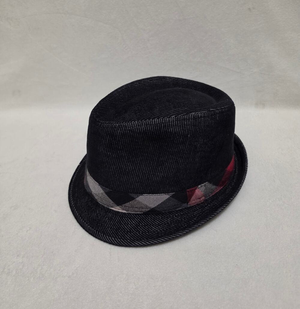 Men's Black Corduroy Fedora Hat Plaid Band & Lining Short Brim Trilby